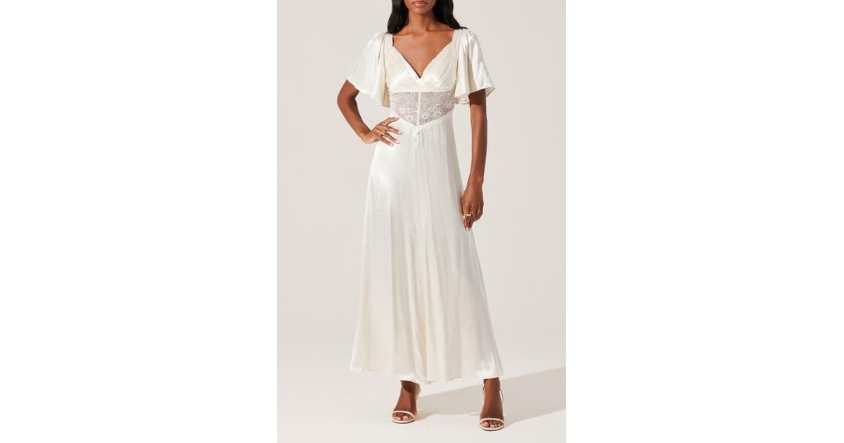Astr Aurelia Flutter Sleeve Lace & Satin Dress in Natural | Lyst
