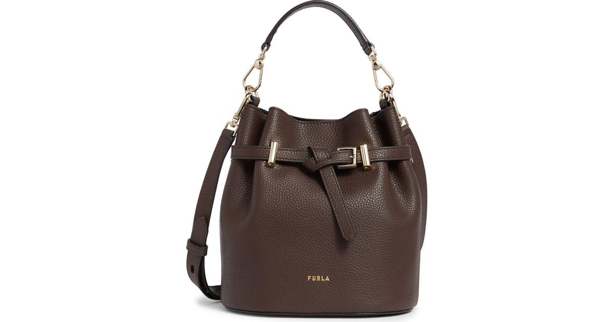 Furla Aura Mini Drawstring Leather Bucket Bag in Brown | Lyst