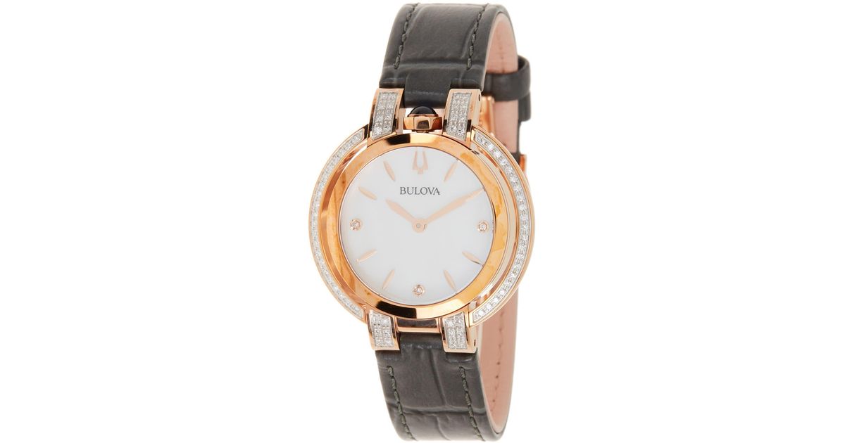 Bulova Rubaiyat Diamond Rose Gold Croc Embossed Leather Strap Watch in ...