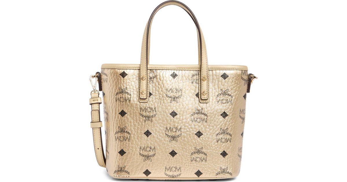 MCM Aren Visetos Metallic Convertible Top Handle Bag in Natural