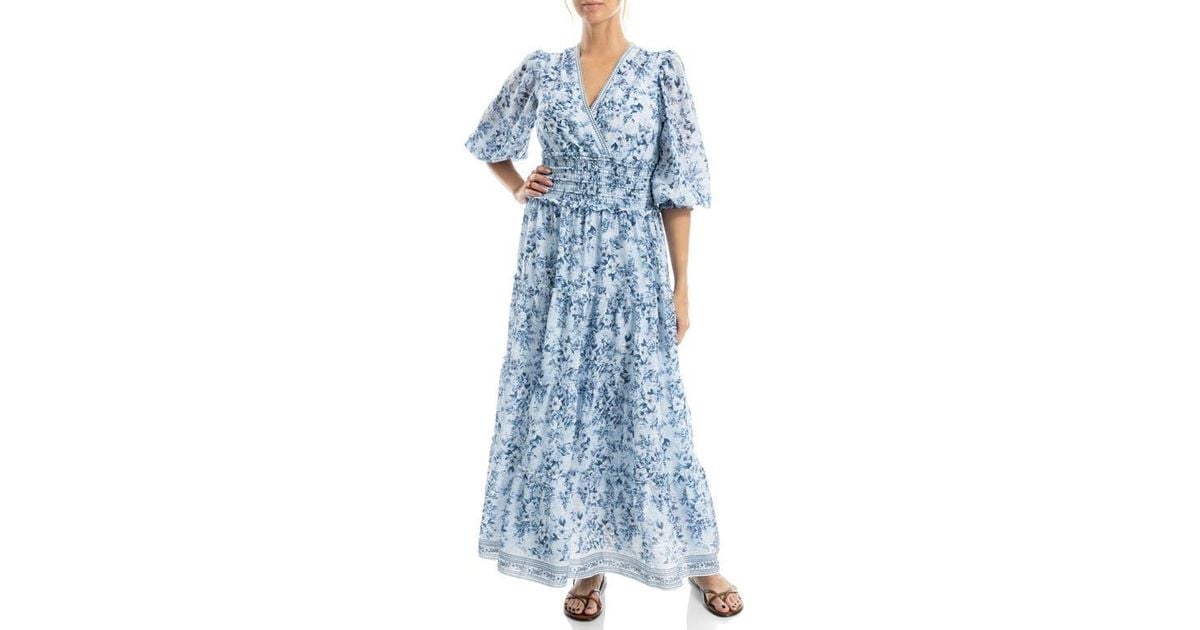 Max Studio Surplice Neck Smocked Waist Maxi Dress in Blue | Lyst
