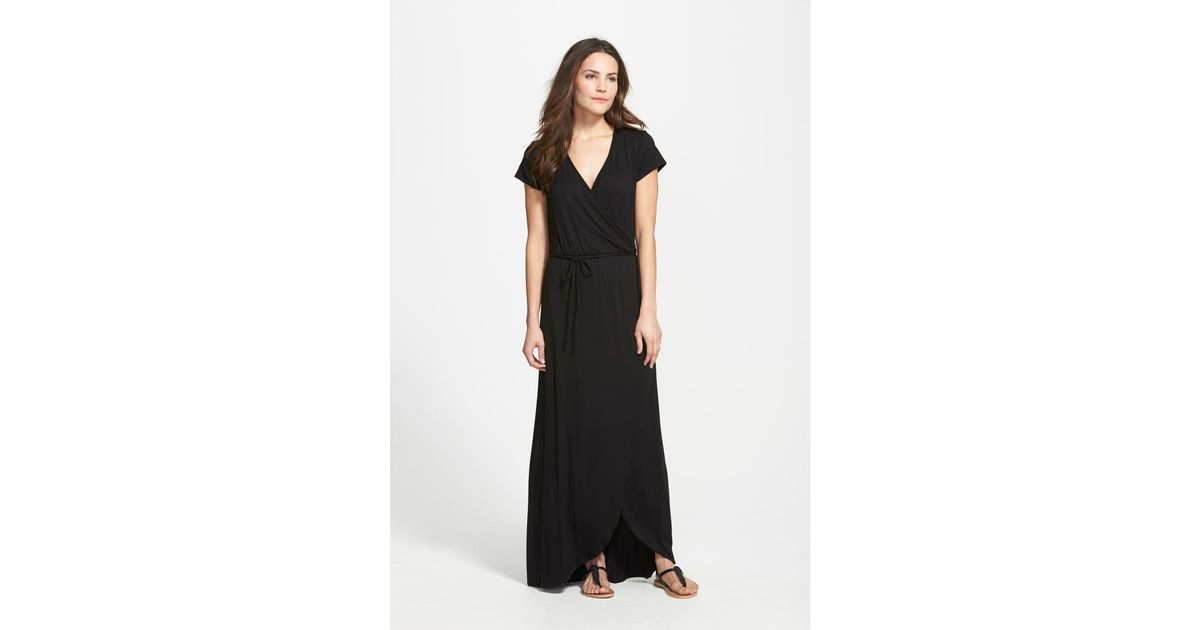 Loveappella Cap Sleeve Faux Wrap Jersey Maxi Dress in Black | Lyst