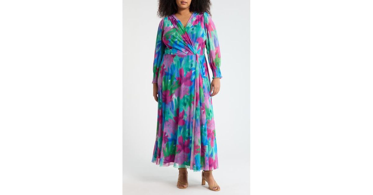 London Times Floral Long Sleeve Faux Wrap Maxi Dress in Blue | Lyst