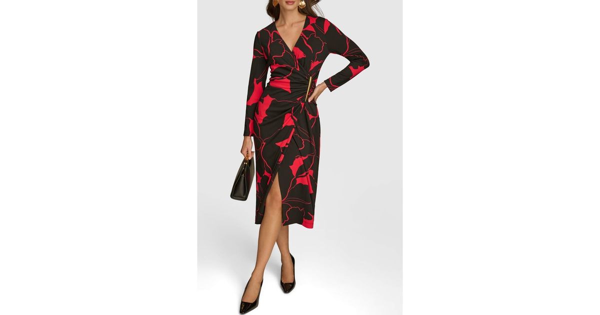 Donna Karan Bar Long Sleeve Faux Wrap Jersey Midi Dress in Red | Lyst