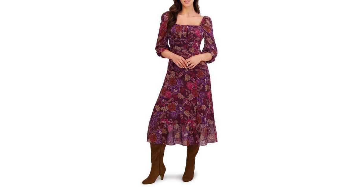 London Times Floral Ruched Empire Waist Chiffon Midi Dress in Red | Lyst