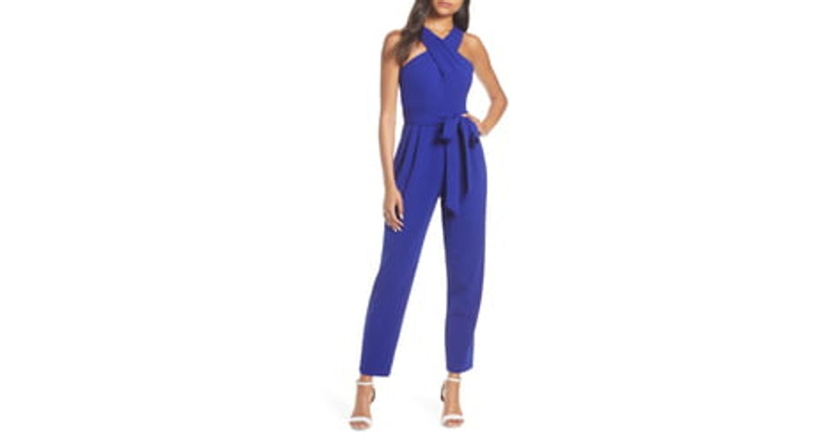 eliza j cross neck belted crepe jumpsuit