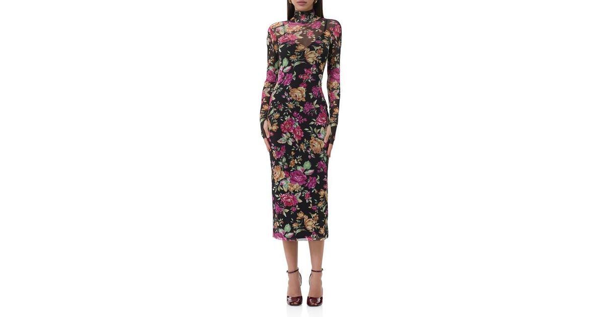 afrm long sleeve mock neck printed midi dress AFRM Shailene long sleeve turtleneck mesh midi dress in ornate purple