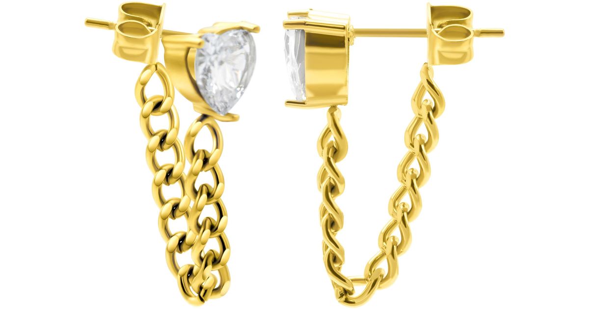 Adornia Crystal Heart Chain Drop Stud Earrings in Metallic Lyst