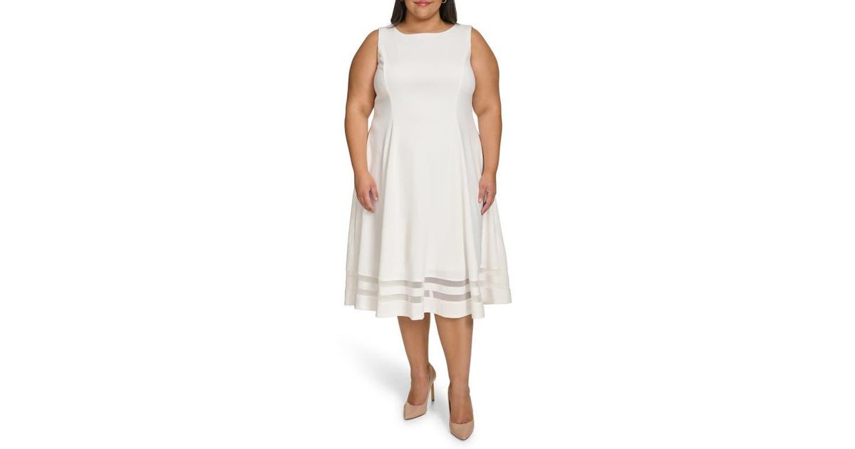 Calvin Klein Mesh Panel Fit Flare Midi Dress in White Lyst