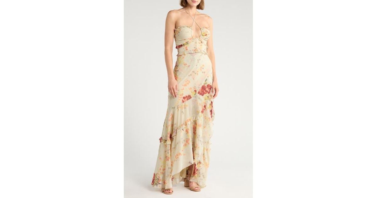 Ruffled Halter Maxi Dress with Rosette Tie Detail - Ivoire