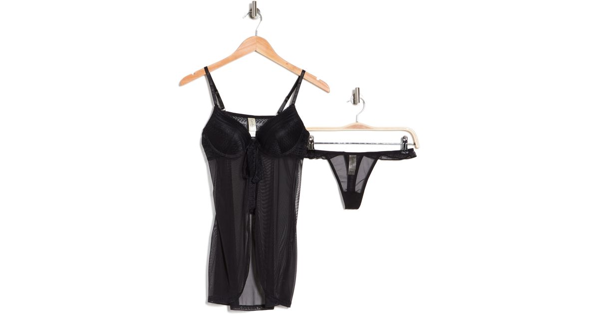 Jessica Simpson Ruffle Babydoll & Thong Set In Black At