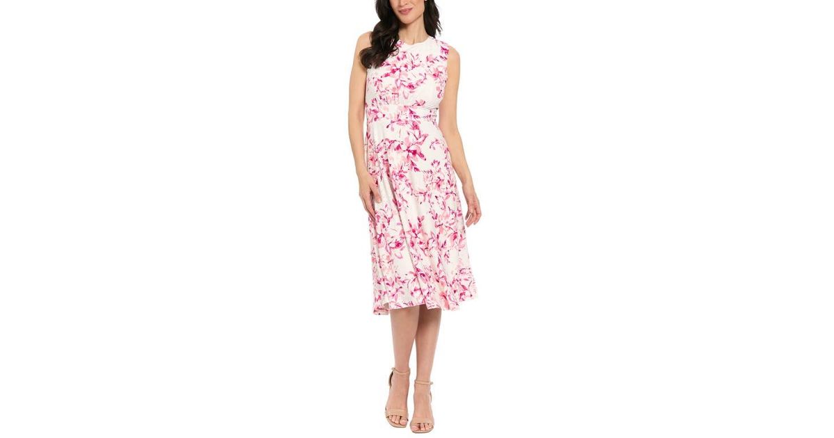London Times Floral Sleeveless Inset Waist Eyelet Midi Dress in Red | Lyst