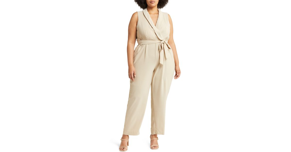 Halogen® Tie Waist Surplice Vneck Jumpsuit in Natural Lyst