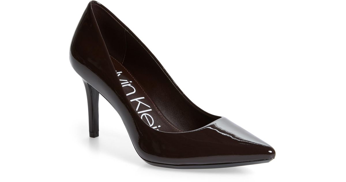 Calvin Klein Gayle Pointed Toe Pump In Mahogany Patent Leather At