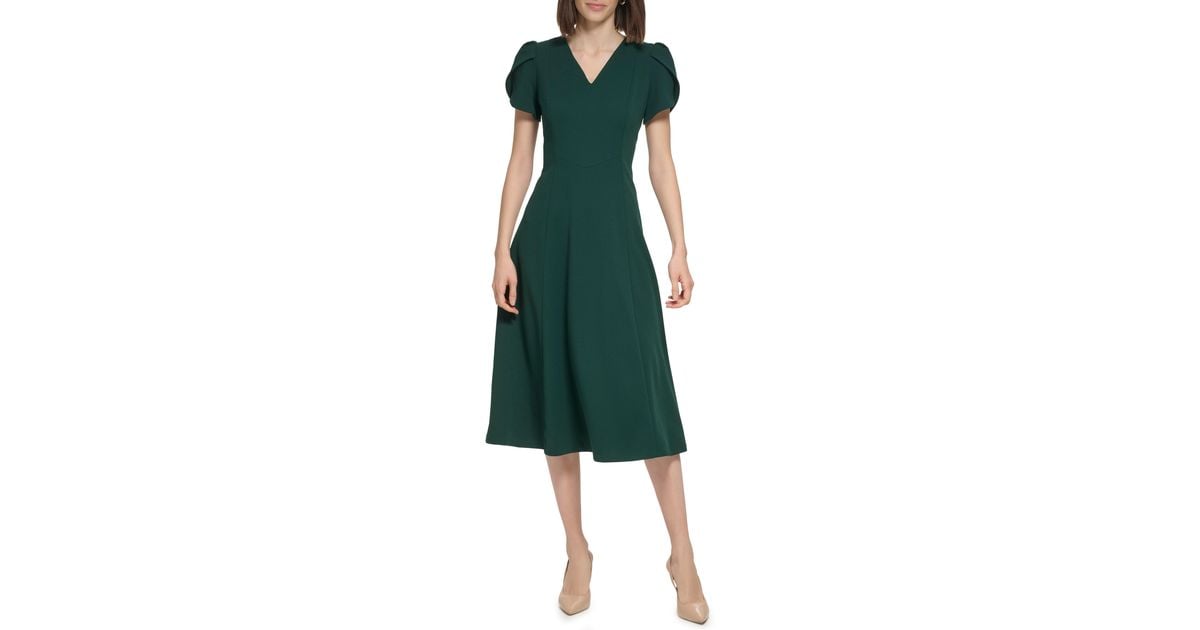 Calvin Klein Tulip Sleeve A line Midi Dress in Green Lyst