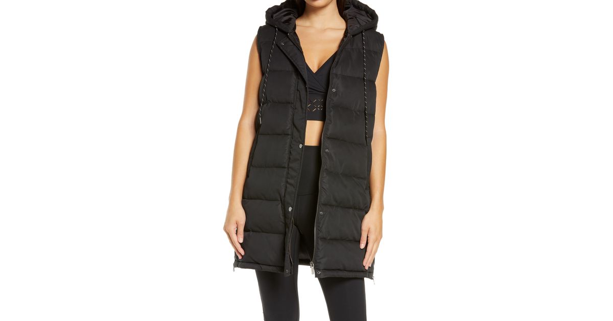 Zella Long Hooded Puffer Vest In Black 