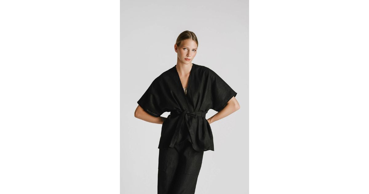 STAŠA Linen Short Kimono in Black | Lyst STAŠA Black Linen Short Kimono