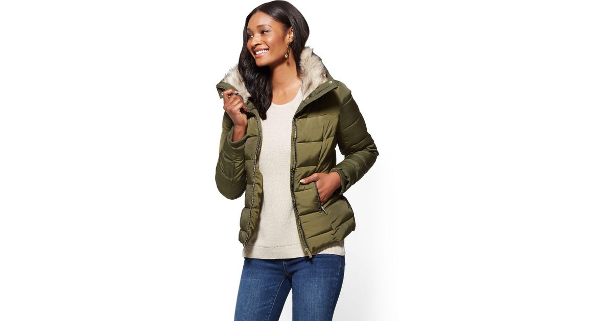 New York Company Green Faux Fur Collar Puffer Jacket