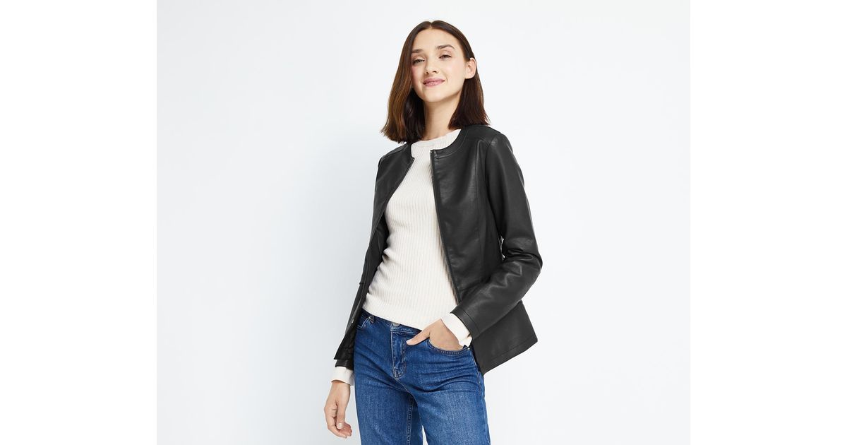 Oasis Faux Leather Collarless Jacket In Black Lyst Oasis Faux Leather Collarless Jacket In