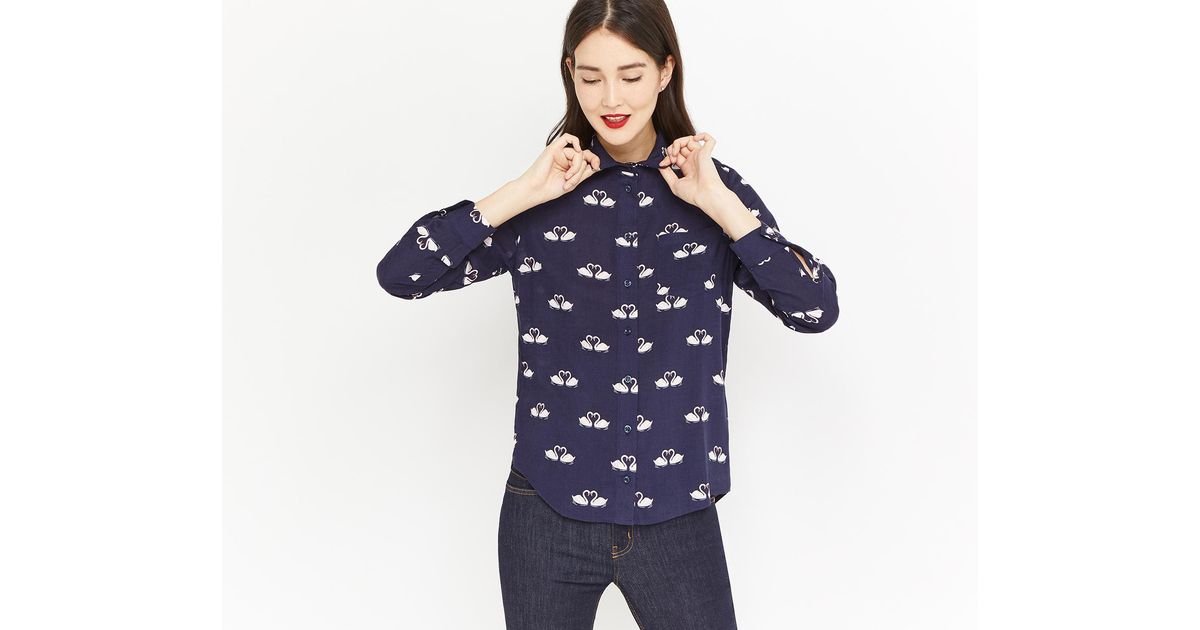 Dark Blue Kissing Swan Print Long Sleeve Shirt Blouse ~Oasis