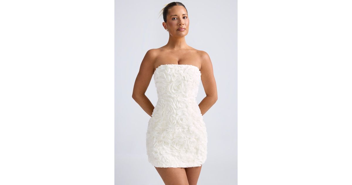 floral-appliqu bandeau a-line mini dress in white Floral Appliqu Bandeau A Line Mini Dress in White