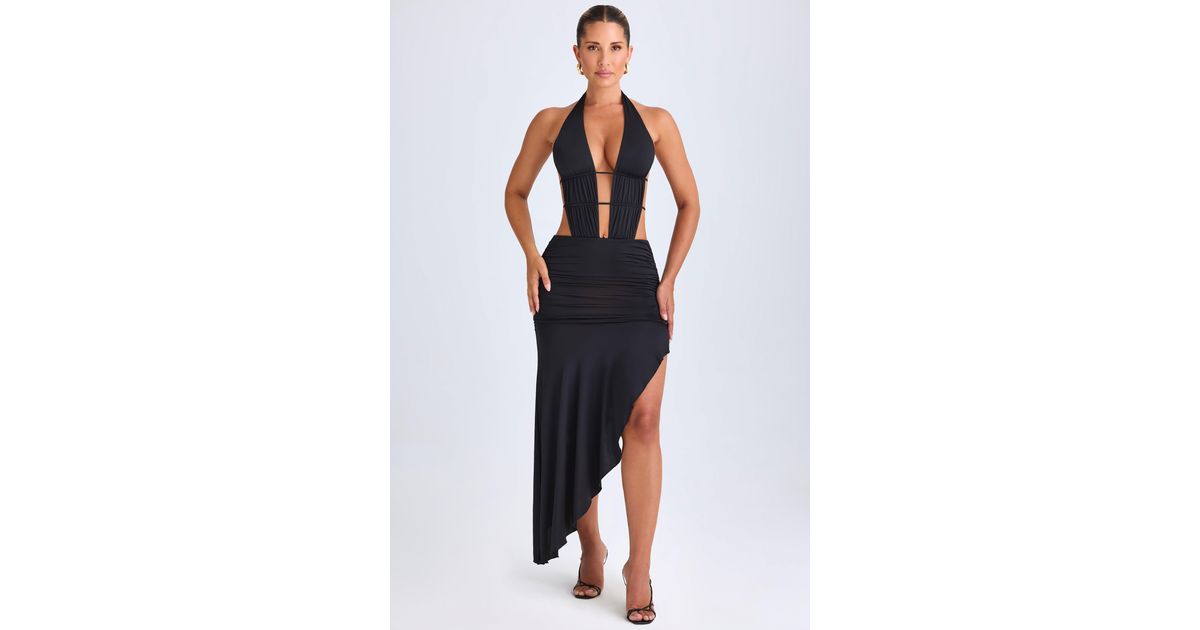asymmetric cut-out halterneck midaxi dress in black Nika Cut-Out Halterneck Bodycon Midaxi Dress in Black