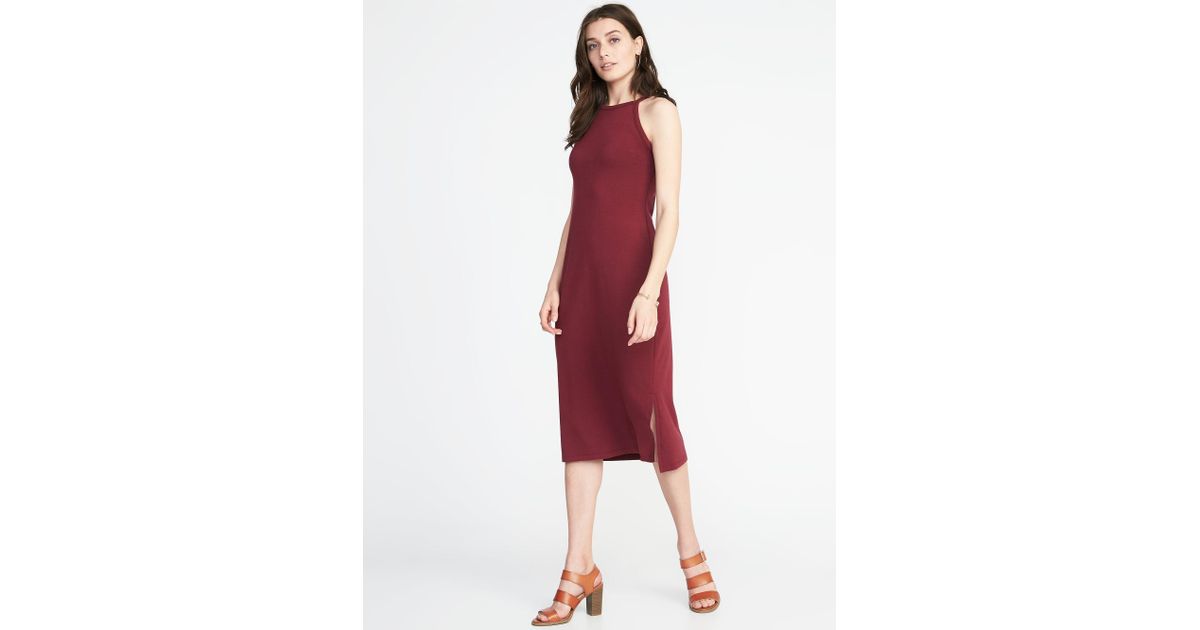navy high neck midi dress