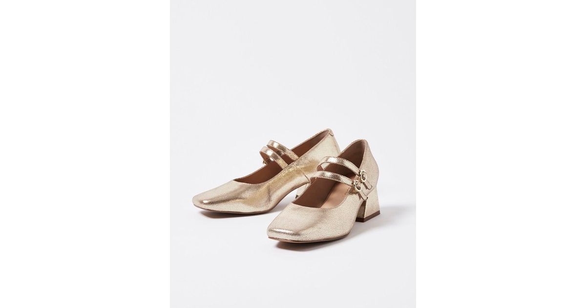 Oliver Bonas Mary Jane Metallic Leather Flared Heeled Shoes in Natural