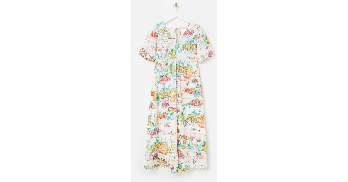 Oliver Bonas Floral Embroidered Fruit Print Puff Sleeve Midi Dress, Size 6  in Natural | Lyst UK
