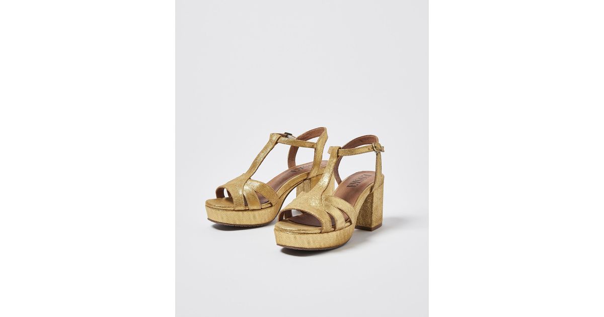 Esska Charlie Gold Leather Mid Heel Sandals, Size Uk 3 in Metallic