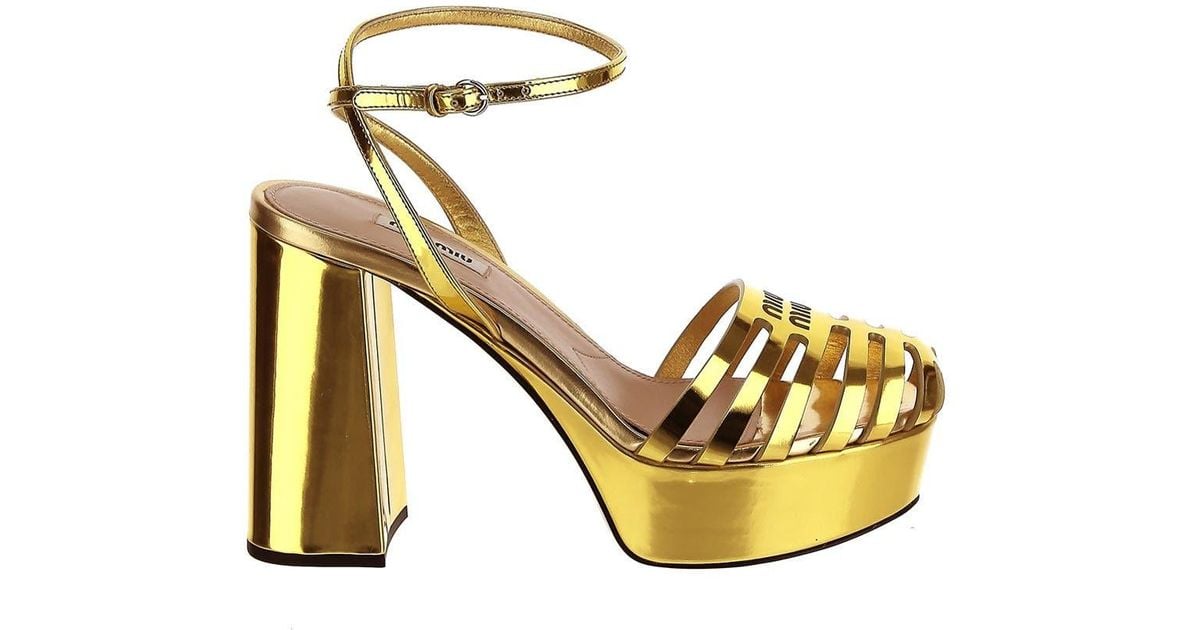 Miu Miu Mirror Gold Platform Sandals in Metallic | Lyst