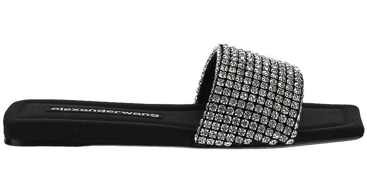 Alexander Wang Leather Anya Crystal Flat Slide in Black | Lyst