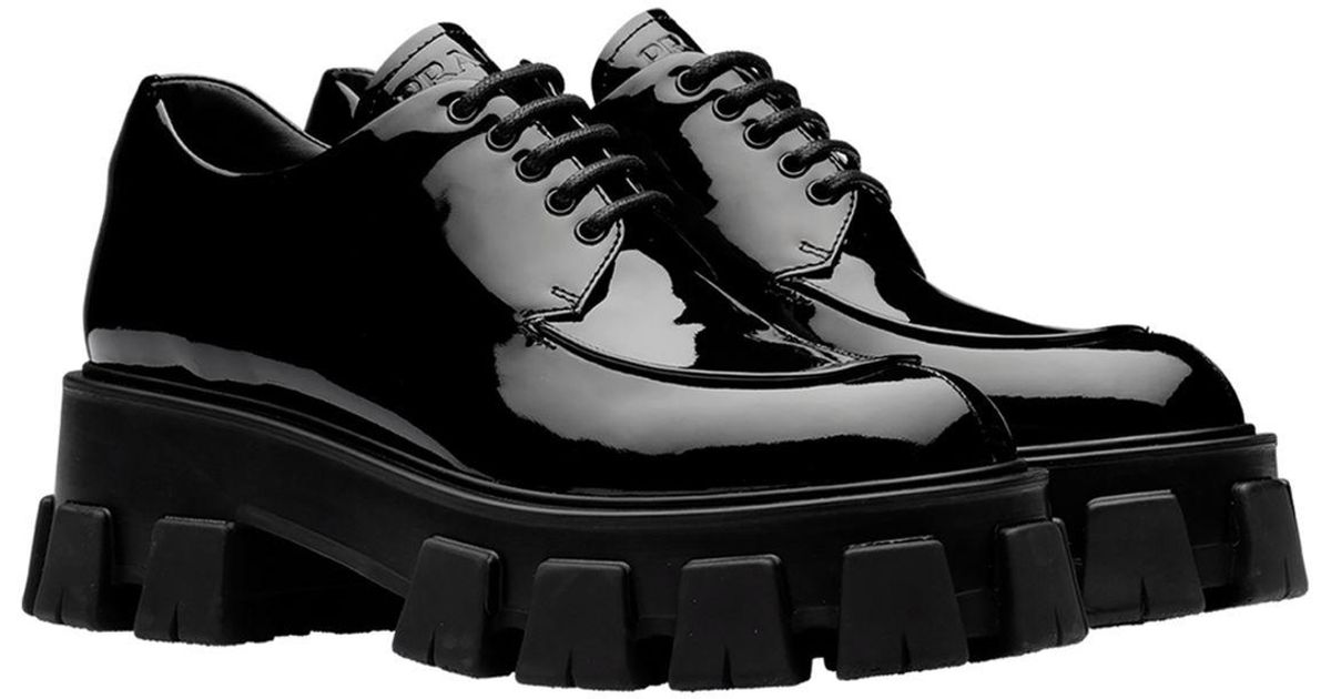 prada monolith patent leather pointed booties