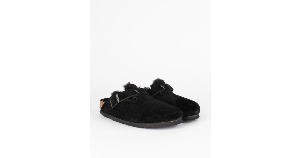 Birkenstock Suede Boston Shearling Narrow Slipper in Black | Lyst