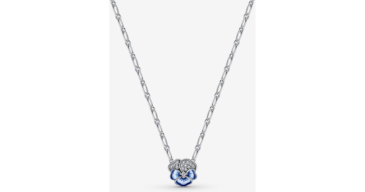 PANDORA Blue Pansy Flower Pendant Necklace Lyst