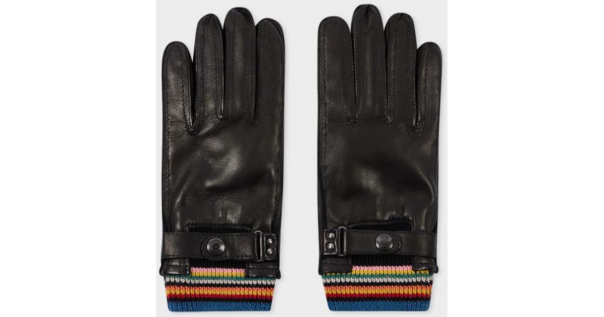 Paul Smith Leather 'Signature Stripe' Cuff Gloves in Black for Men