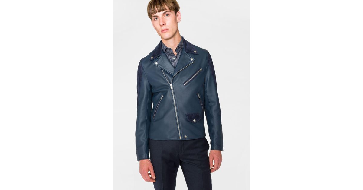 Paul Smith Men's Navy Leather And Suede Biker Jacket in Blue for Men - Lyst