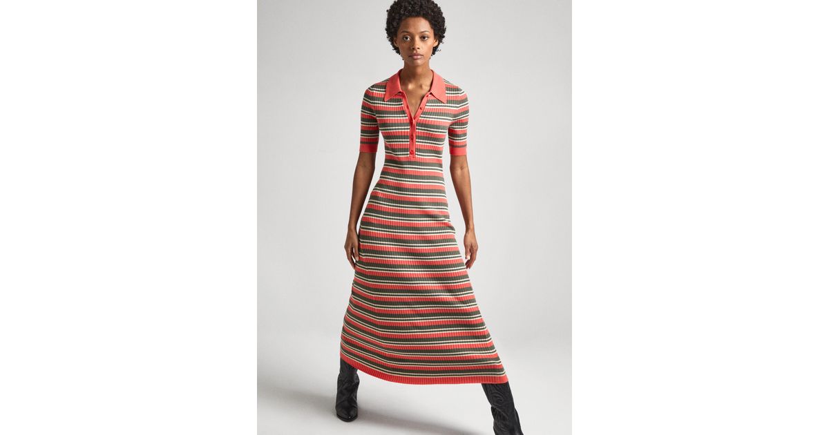 Vestido largo punto canal rayas de Pepe Jeans de color Rojo Lyst