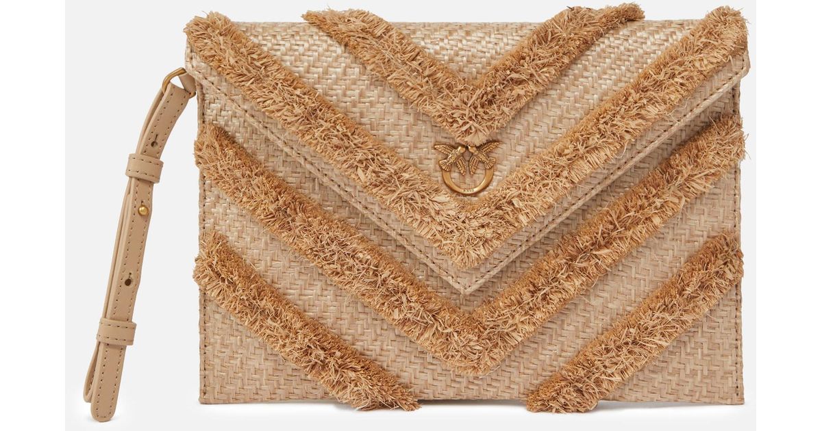 Pinko Chevron Raffia Flat Clutch With Fringe in White | Lyst