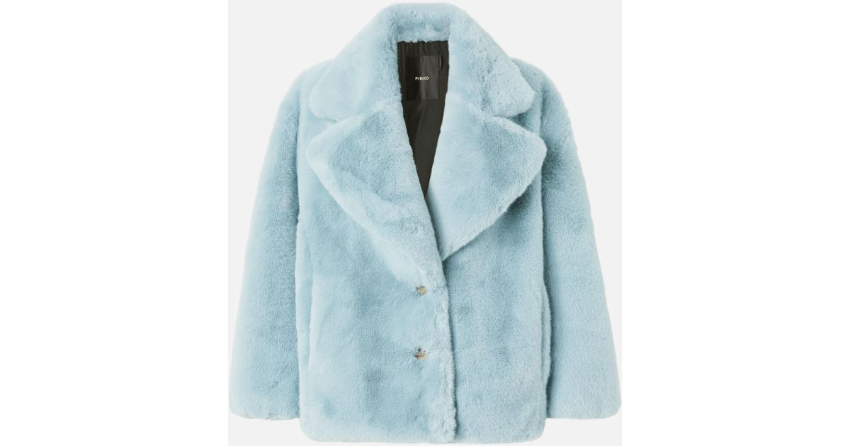 Pinko Short Faux Fur Pea Coat in Blue | Lyst UK