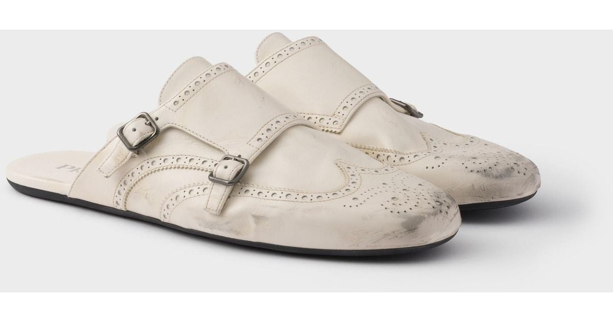 Prada Shuffle Antiqued Leather Double Monk Strap Mules in White