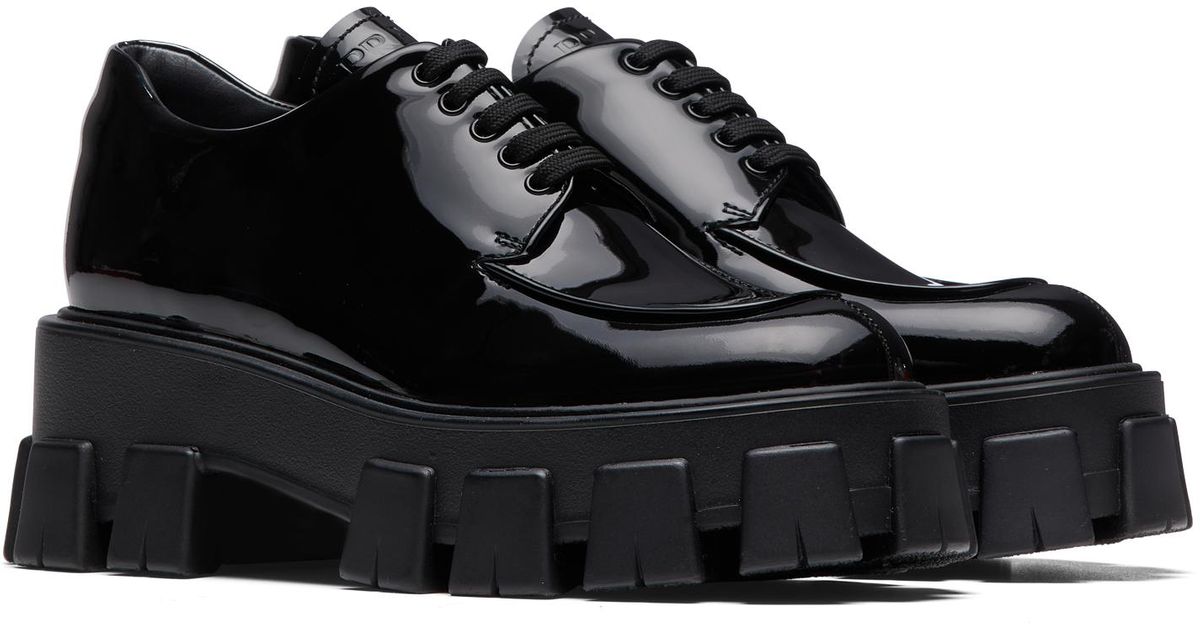 Prada Monolith Patent Leather Lace-up Shoes in Black | Lyst