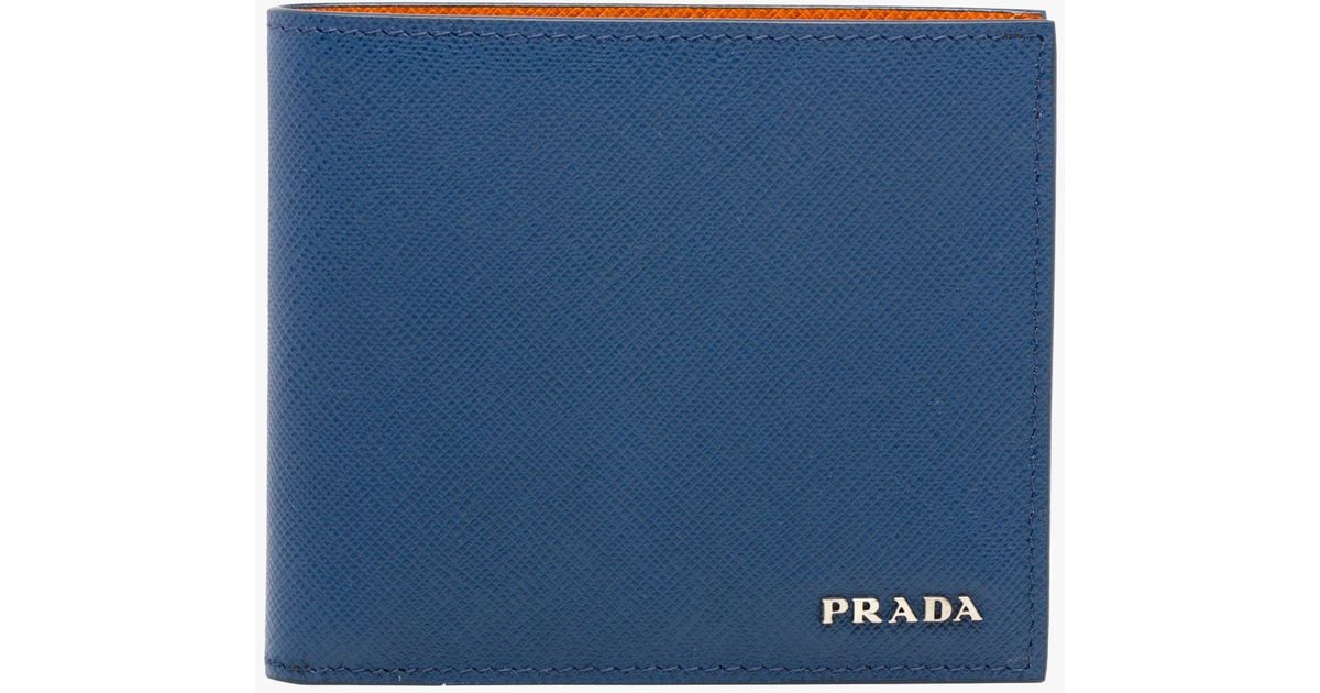Prada Saffiano Leather Wallet in Cornflower Blue + Papaya (Blue 