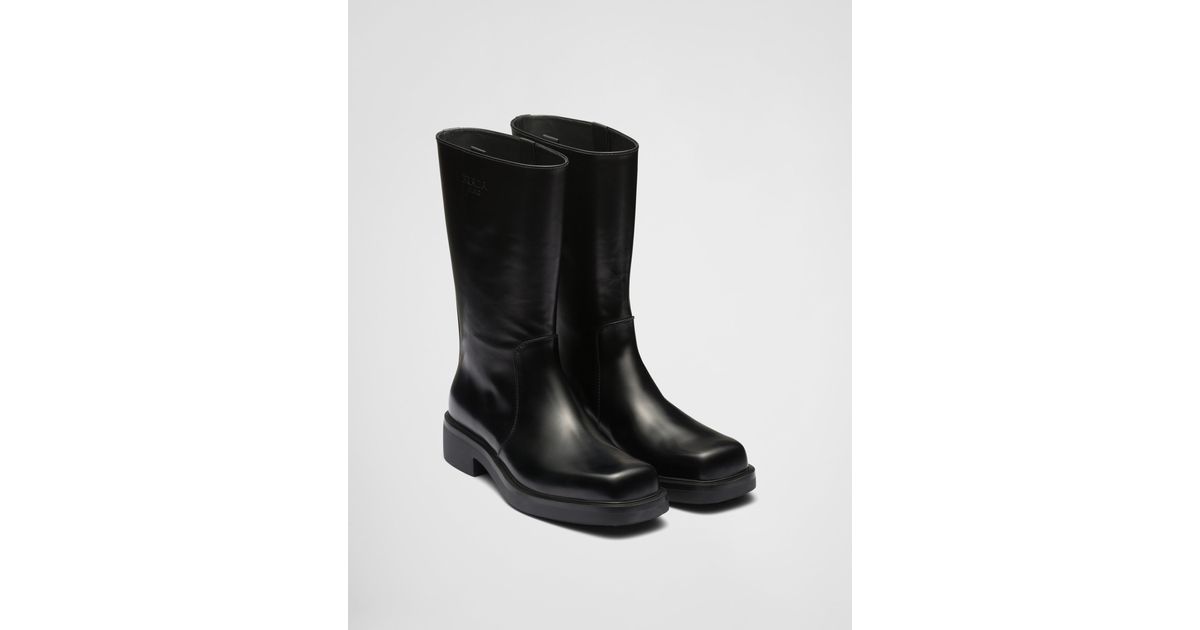 Prada Brushed Leather Stovepipe Boots in Black for Men | Lyst