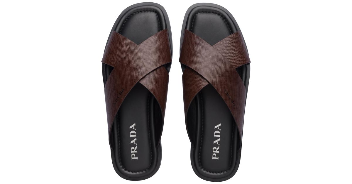 Prada Saffiano Cuir Leather Sandals in Black for Men | Lyst