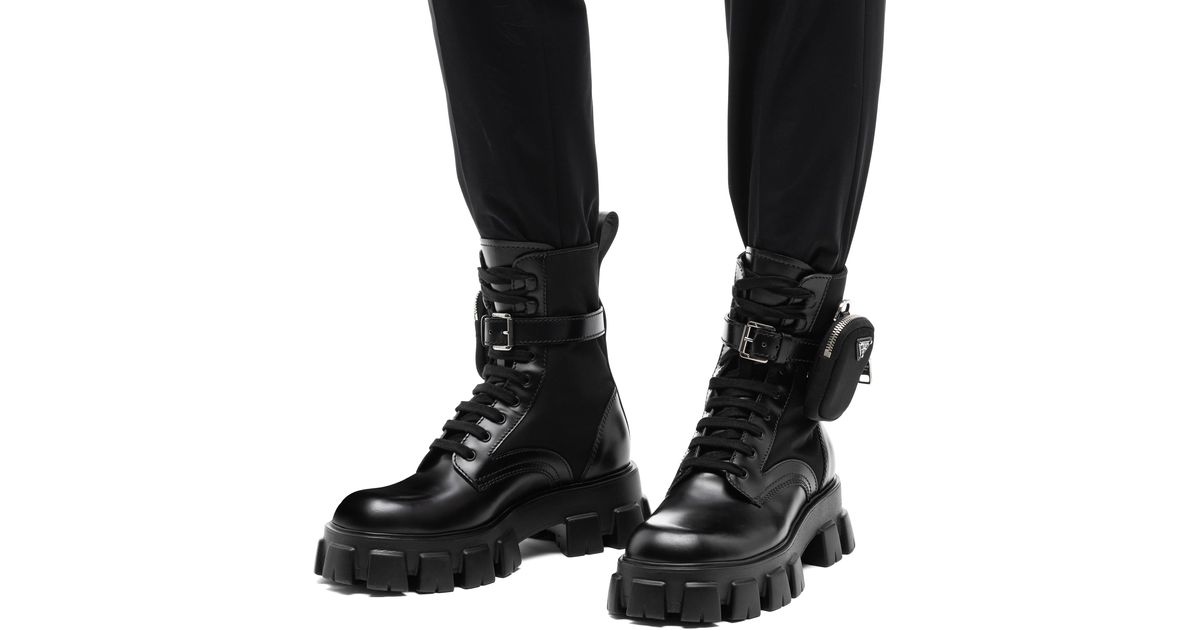 Prada Monolith Brushed Leather And Nylon Combat Boots in Black for 