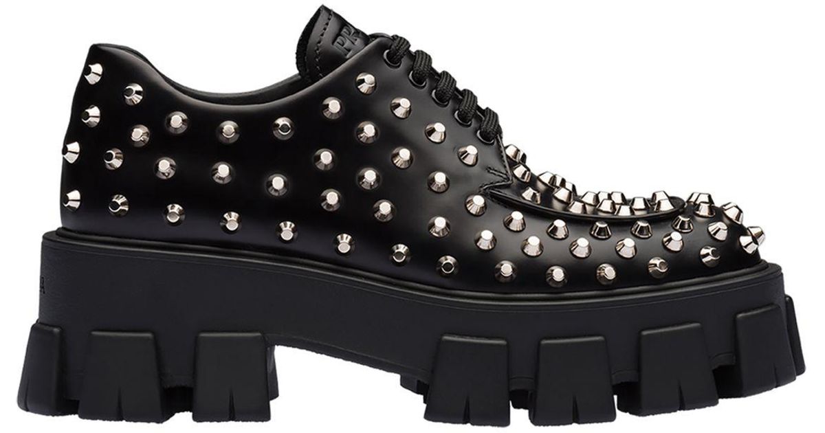 Prada Monolight Brushed Leather Laced Shoes in Black | Lyst