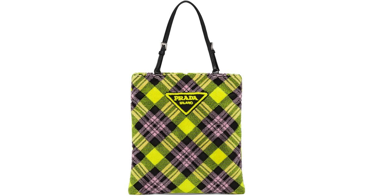 Prada Plaid Velvet Handbag With Logo in Yellow | Lyst