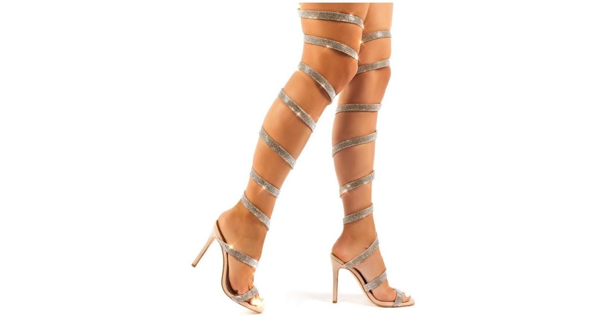 Thigh high top diamond wrap heels