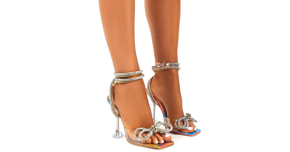 Public Desire Synthetic Glimmer Multi Holographic Wrap Around Diamante Bow Square Toe Heels - Lyst